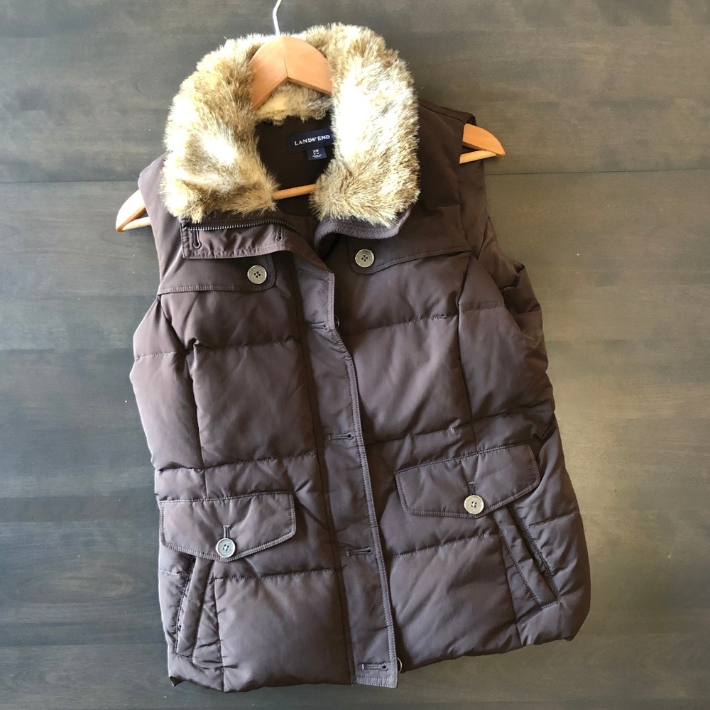 Lands' End Down Puffer Vest with Fur collar